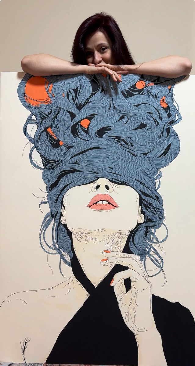 Painting with flowing blue hair